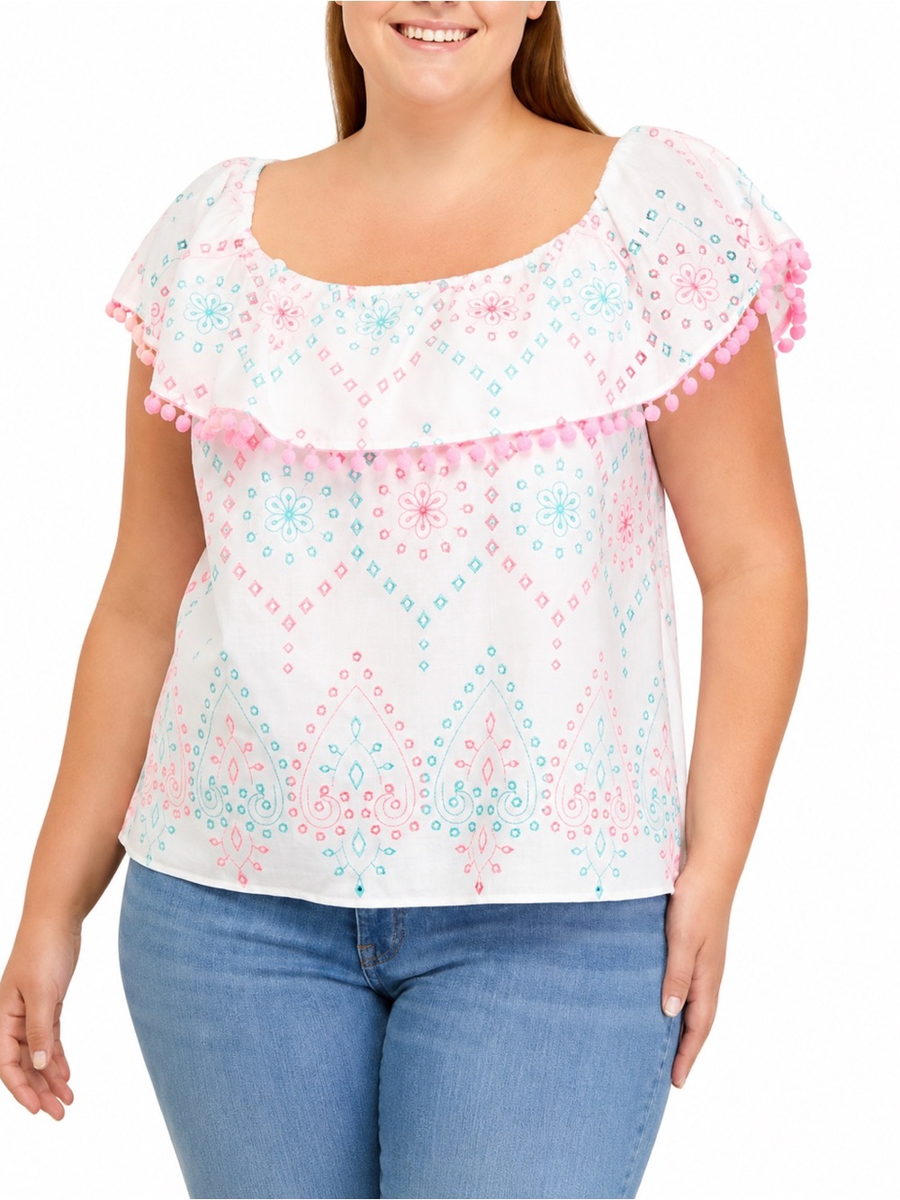 Crown & Ivy Embroidered Pom Pom Boho Peasant Top 2X Cottagecore Coastal NWT